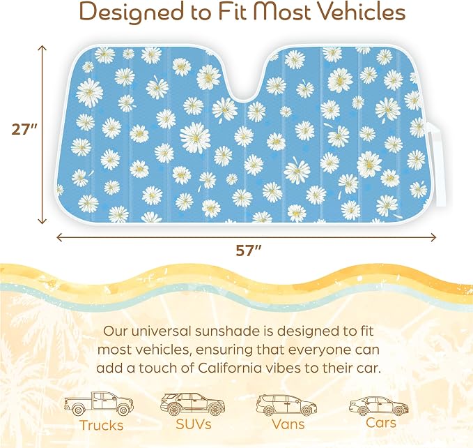 Carbella Blue Daisy Car Windshield Sun Shade - Sun Visor Sunshade for Car Windshield - Window Shades for Cars, SUV & Truck - Dash Cover UV Protection for Front Window Shade Accessories - 57" x 27"