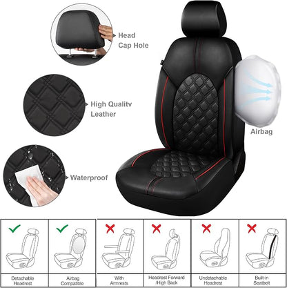 CAROMOP Luxury PU Leather Car Seat Covers Front Set - Anti-Stain Waterproof Automotive Seat Covers for Cars - Universal Car Interior Covers Seat Protectors for SUVs Pick-up Trucks(Black/Red Line)