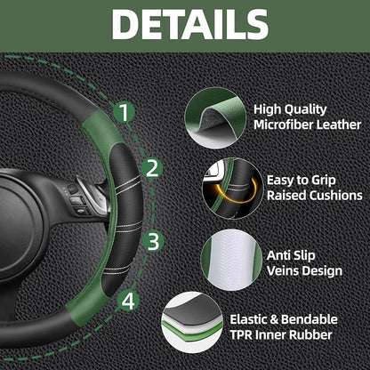 NBTEPEM 10 Pcs Car Floor Mats Full Set & Sport Leather Steering Wheel Cover 14.5-15 inch, Center Console Cover, Seat Belt Cushion, Cup Holder Coaster, Universal Automobile Interior Sets (Green)