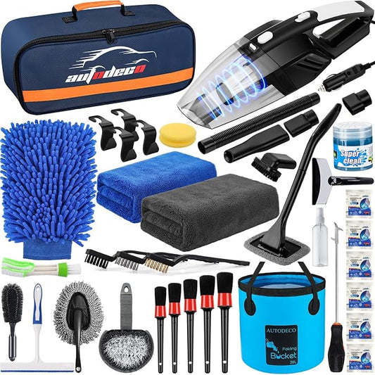 41Pcs Car Cleaning Wash Kit Interior Detailing Cleaner Kit with High Power Handheld Vacuum, Collapsible Bucket, Windshield Tool, Snow Shovel, Tire Brush, Complete Car Care Tools, Blue