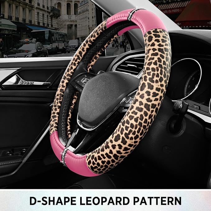 Road Comforts Leopard Steering Wheel Cover for Women, Cute Anti-Slip Microfiber Leather, Fits D Shape Flat Bottom Steering Wheel 14.5-15 Inch - Pink