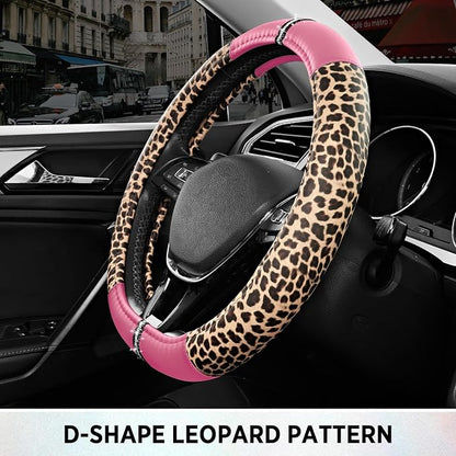 Road Comforts Leopard Steering Wheel Cover for Women, Cute Anti-Slip Microfiber Leather, Fits D Shape Flat Bottom Steering Wheel 14.5-15 Inch - Pink