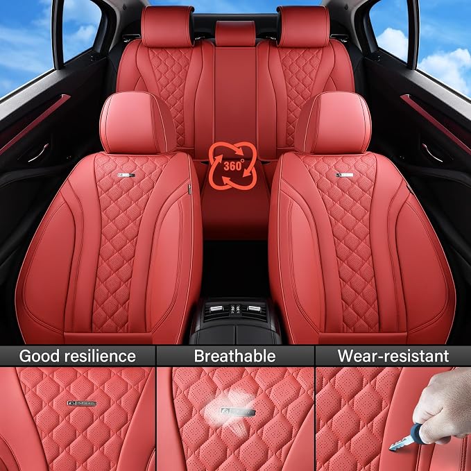Coverado Car Seat Covers Front Seats, Red Seat Covers, Breathable Perforated Design, Luxurious Diamond Leather Car Seat Cover, 2 Pack Car Seat Protector Front Seat Cover Universal Fit Most Cars