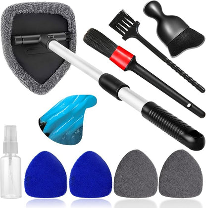 Qydipclin 10pcs Windshield Cleaner Tool, Car Window Cleaning Wash Kit with 4 Reusable Microfiber Pads 1 Spray Bottle and Extendable Handle Auto Glass Wiper Kit, Blue&Gray