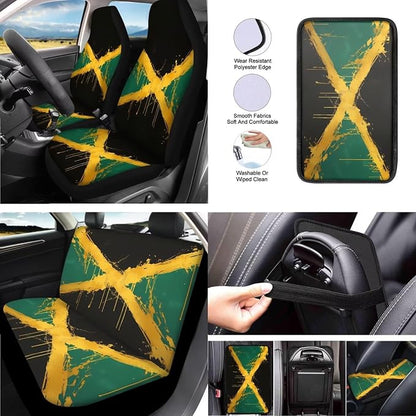 13 Set Jamaican Flag Car Seat Cover, Watercolor Jamaican Flag Front Rear Seat Universal Seat Belt Pads, Vintage Oil Painting Cup Holder Coasters Steering Wheel Cover
