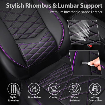 CAR PASS Luxury Nappa Leather Front Seat Covers, Water Resistant 3D Foam Seat Covers with Lumbar Support, Breathable Auto Seat Cover Airbag Compatible Universal Fit Sedan SUV Van Truck, Black Purple