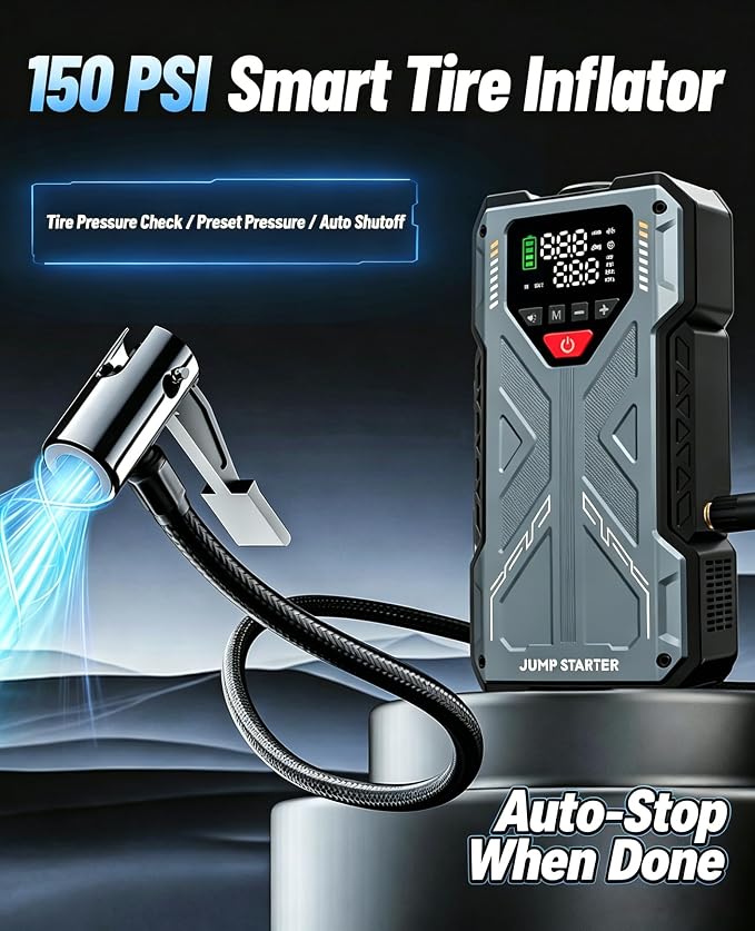 Jump Starter with Air Compressor, 4000A 12V Portable Car Jump Box, 150PSI Tire Inflator Battery Jumper Booster, Power Bank LED Flashlight, Car Emergency Kit for Vehicles (9.0L Gas / 8.0L Diesel)