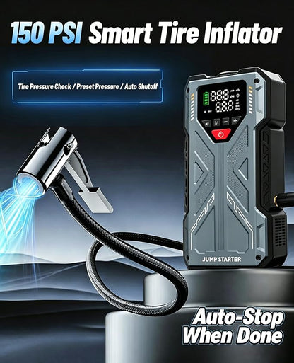 Jump Starter with Air Compressor, 4000A 12V Portable Car Jump Box, 150PSI Tire Inflator Battery Jumper Booster, Power Bank LED Flashlight, Car Emergency Kit for Vehicles (9.0L Gas / 8.0L Diesel)