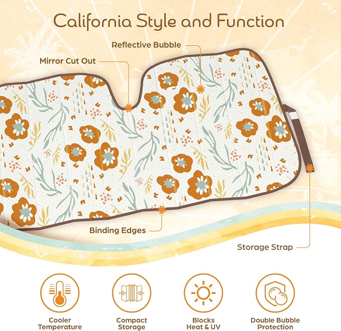 Carbella Orange Floral Car Windshield Sun Shade - Sun Visor Sunshade for Car Windshield - Window Shades for Cars, SUV & Truck - Dash Cover UV Protection for Front Window Shade Accessories - 57" x 27"