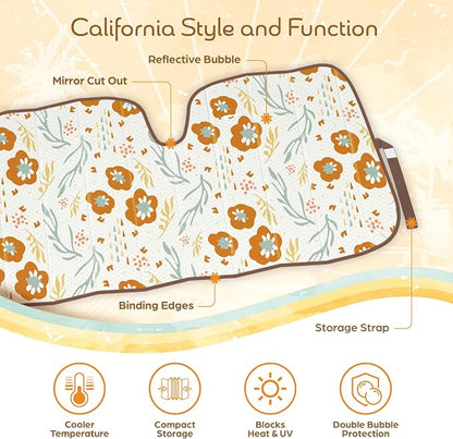 Carbella Orange Floral Car Windshield Sun Shade - Sun Visor Sunshade for Car Windshield - Window Shades for Cars, SUV & Truck - Dash Cover UV Protection for Front Window Shade Accessories - 57" x 27"