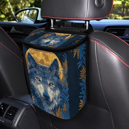 Talayituse Moon Wolf Leaf Print Car Trash Bin, Large Size Auto Trash Can Adjustable Portable Garbage Can with Lid, Vehicle Hanging Bag for Headrest Front Back Seat