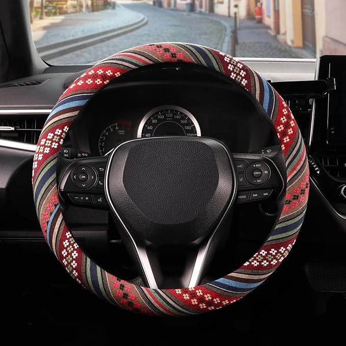 SEG Direct Boho Steering Wheel Cover with Baja Blanket Cloth, Ethnic Style Auto Wheel Cover Made of Coarse Flax, Fits 14 1/2-15 1/4 inches Car Wheel