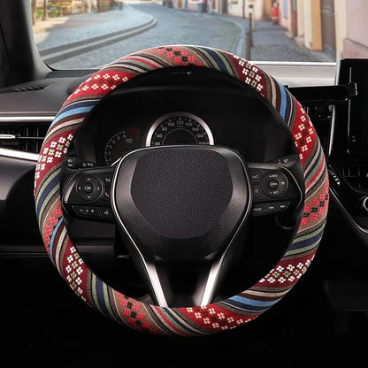 SEG Direct Boho Steering Wheel Cover with Baja Blanket Cloth, Ethnic Style Auto Wheel Cover Made of Coarse Flax, Fits 14 1/2-15 1/4 inches Car Wheel