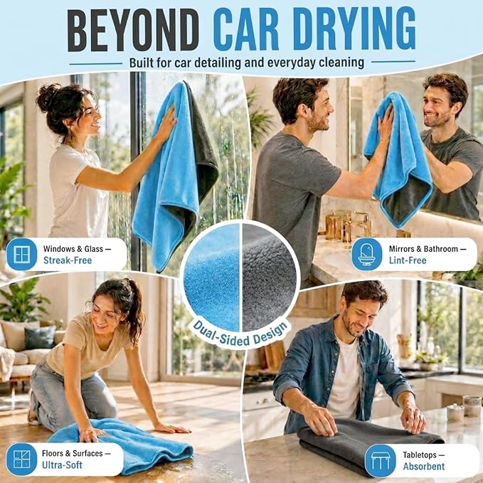 1400 GSM Car Drying Towels – XXL Microfiber Towels for Cars (48" x 24"), Ultra-Absorbent, Streak-Free, Scratch-Free, No Water Spots, Double-Twist Pile & Edgeless Design