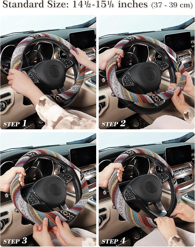 SEG Direct Boho Steering Wheel Cover with Baja Blanket Cloth, Ethnic Style Auto Wheel Cover Made of Coarse Flax, Fits 14 1/2-15 1/4 inches Car Wheel