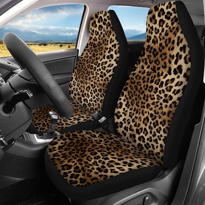 Leopard Print Car Seat Covers Full Set,Brown Animal Skin Pattern of Wild Strong Panthera Vehicle Front Rear Bench Cushion Protectors Auto Interior Accessories Universal Fit for Trucks Sedans