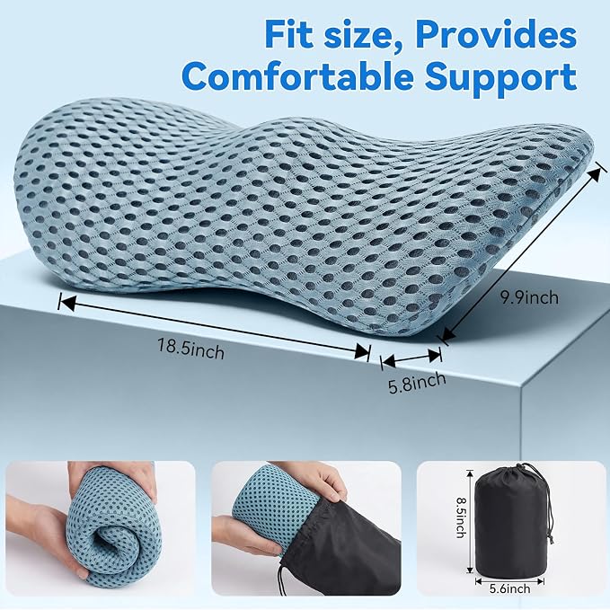 Lumbar Support Pillow, Memory Foam Lumbar Pillow for Office Chair and Car Seat, Back Pillow for Lower Back Pain Relief, Back Support Pillow for Sitting, Driving, Traveling (Blue)