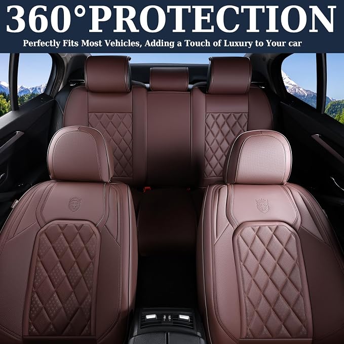 Coverado Car Seat Covers Full Set, Luxury Faux Leather Waterproof Seat Cover, Front and Back Car Seat Protector, Universal 5 Seat Leather Seat Cushion, Carseat Cover Fit Most Cars, Coffee