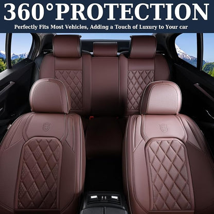 Coverado Car Seat Covers Full Set, Luxury Faux Leather Waterproof Seat Cover, Front and Back Car Seat Protector, Universal 5 Seat Leather Seat Cushion, Carseat Cover Fit Most Cars, Coffee