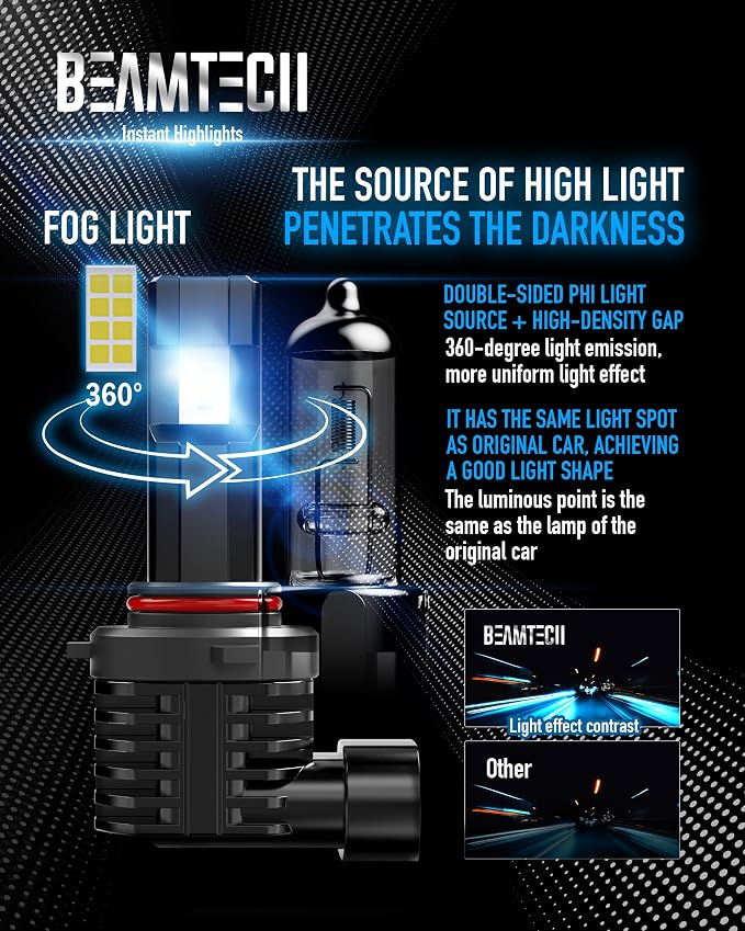 BEAMTECH 9005 9006 Bulbs, Fanless In Line Fog Light Bulb 6500K Xenon White, Pack of 4