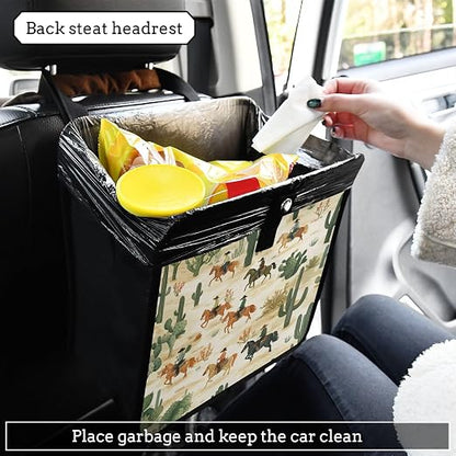 Car Trash Can Organizer Bin with Adjustable Strap for Back Front Seat Console Waterproof Leakproof Collapsible Portable 8.66 Inch Cute Cacti Desert Cowboys Horses