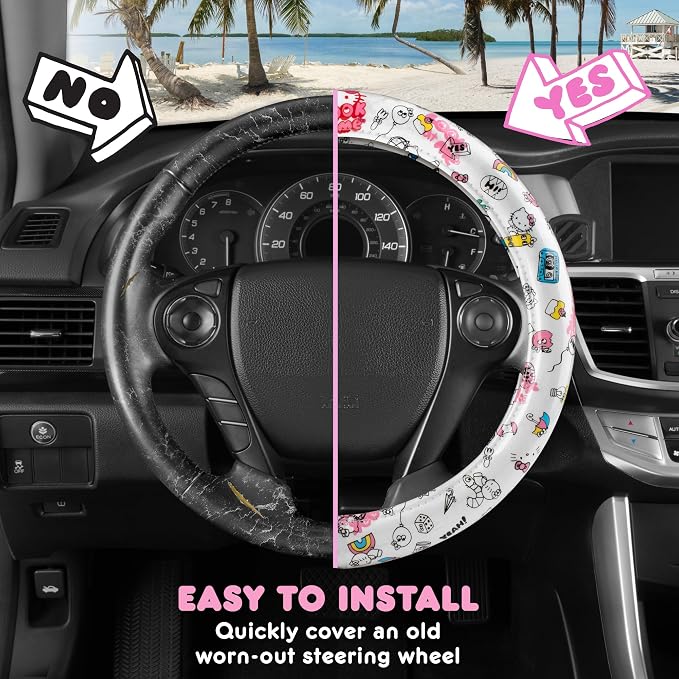 Hello Kitty Steering Wheel Cover, Official Sanrio Car Steering Wheel Cover with Universal Size 14.5-15, Cute White Hello Kitty Car Accessories for Women (Hello Kitty Look at Me)