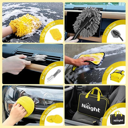 Nilight 27PCS Car Detailing Kit Auto Cleaning Tools Wash Set with Storage Carry Bag Home Use for Interior Exterior Deep Clean Polish Car Care Windshield Dashboard Seat Air Vents Wheels Tires, Yellow
