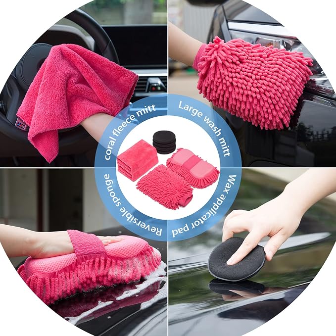 22Pcs Car Wash Cleaning Tools Kit Car Detailing Set with Canvas Bag Pink Collapsible Bucket Wash Mitt Sponge Towels Tire Brush Window Scraper Duster Complete Interior Car Care Kit