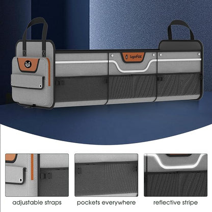 SugarFox Car Trunk Organizer for SUV, Heavy Duty Waterproof Trunk Organizer, Foldable Collapsible Car Organizer with Cooler, Multi-Compartment Large Trunk Organizer (95L), Gray-M003