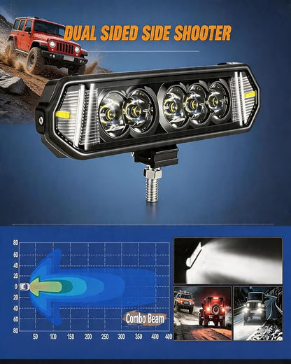 7" Side Shooter LED Light Bar 156W 200° Spot Flood Combo 2PCS | 2PCS 156W 15,600LM LED Back Up Driving Light with 200° panoramic view, spot-flood combo, waterproof, plug-and-play DT harness