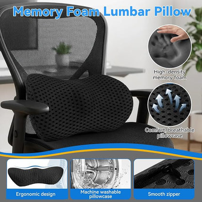 Lumbar Support Pillow, Memory Foam Lumbar Pillow for Office Chair and Car Seat, Back Pillow for Lower Back Pain Relief, Back Support Pillow for Sitting, Driving, Traveling (Dark Black)
