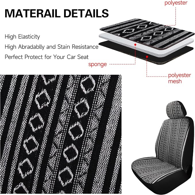 HAIYAOTIMES Baja Saddle Blanket Car Seat Covers Front Set with Seat Belt Pads, Washable Breathable Seat Covers for Cars, Universal Fit Interior Covers for Most Cars, Airbag Compatible, Black/White