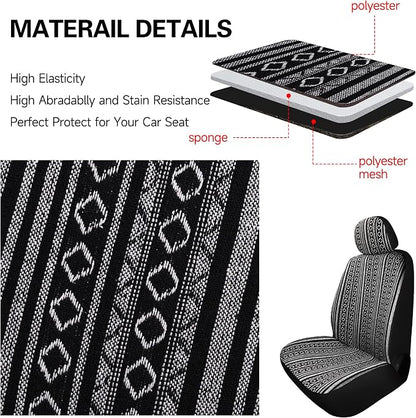 HAIYAOTIMES Baja Saddle Blanket Car Seat Covers Front Set with Seat Belt Pads, Washable Breathable Seat Covers for Cars, Universal Fit Interior Covers for Most Cars, Airbag Compatible, Black/White