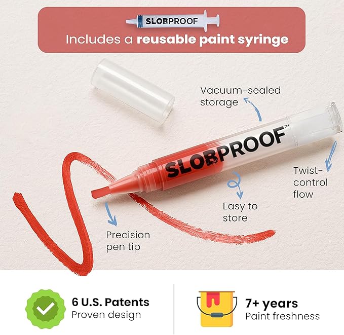 Slobproof Refillable Touch-Up Paint Pen, Mess-Free, Reusable Wall Paint Repair Tool, Precise Application, DIY Home Improvement, Furniture, Arts and Crafts, Patented Design, Easy Storage, Pack of 5