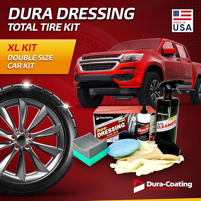 Dura-Dressing XL Total Tire Kit - Double Size Car Kit - Tire Dressing, Cleaning and Restoration Kit for Cars - High Gloss Coating to Renew and Protect Your Tires - Made in USA