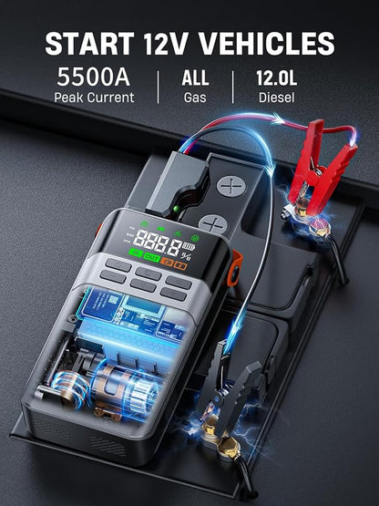 8-in-1 Car Jump Starter with Air Compressor – 5500A Peak, 150PSI Tire Inflator, 12V Portable Power Bank, LCD Display, and LED Flashlight for All Gas & 12.0L Diesel Engines
