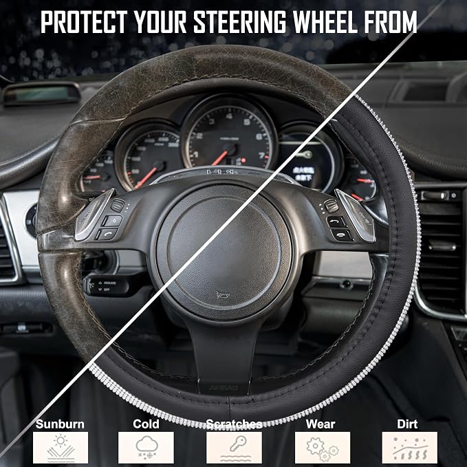 CAR PASS Bling Silver Diamond Leather Steering Wheel Cover, with Sparkly Crystal Glitter Rhinestone Universal Fit 13" 1/2-14" Small Car Wheel Protector for Women Girl Fit Car,SUV,Van,Sedan, Silver