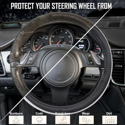 CAR PASS Bling Silver Diamond Leather Steering Wheel Cover, with Sparkly Crystal Glitter Rhinestone Universal Fit 13" 1/2-14" Small Car Wheel Protector for Women Girl Fit Car,SUV,Van,Sedan, Silver