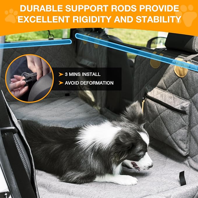 Dog Car Seat Cover for Back Seat, Hard Bottom Back Seat Extender for Dogs, Waterproof Car Hammock, Backseat Bed and Car Seat Protector, Nonslip Fit for Cars, SUVs, Trucks, 52 x 25 in, Gray