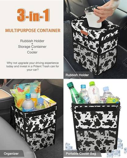 Pritent Car Trash Can with Lid, Cute Leakproof Car Trash Garbage Bag Hanging Vehicle Trash Bin Small Portable Automotive Garbage Cans Organizer for Back/Front Seat/Console(Trapezoid,Cow Print)