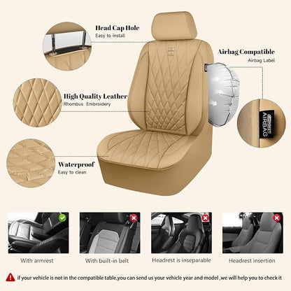 CAR PASS Piping Luxury Leather Seat Covers Full Set,5 Seats Leatherette Anti-Slip Waterproof Seat Covers Compatible with Front Armrests,Universal Fit for Suvs,Vans,Trucks,Airbag Compatible,Pure Beige