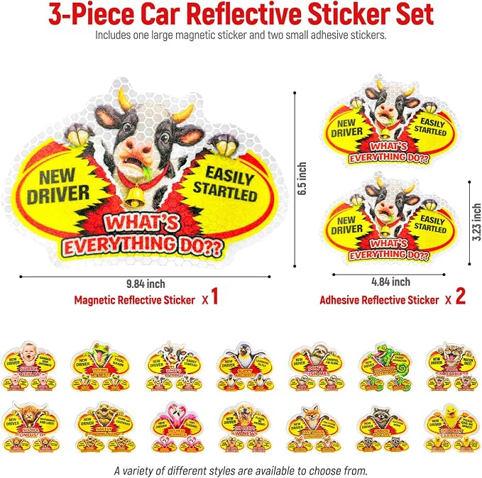 3 Pcs Reflective Student Driver Magnet and Stickers Set - Funny Animal New Driver Safety Signs for Car, Waterproof & Weatherproof High Visibility Vehicle Bumper Decals, Magnet + Stickers (Cow)