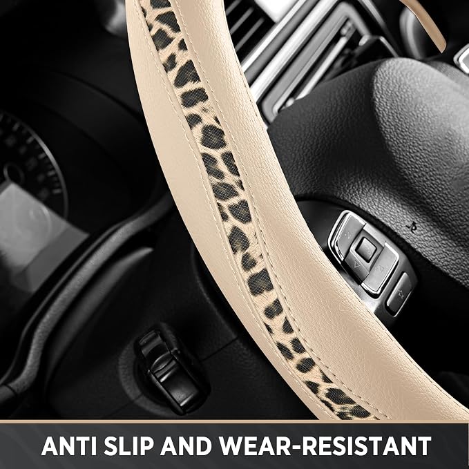 Road Comforts Steering Wheel Cover - Flat Bottom Wheel Cover Made with PVC Leather and Leopard Fabric - Universal Fit for 15-Inch D-Shaped Automotive Steering Wheels (Milky White)