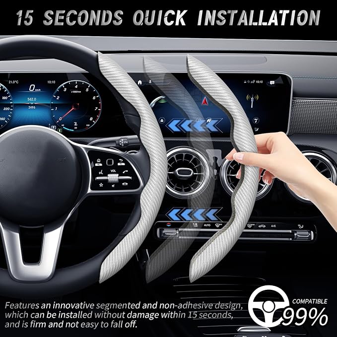 WOCOCN 2pcs Car Steering Wheel Cover,Anti-Skid Carbon Fiber Steering Wheel Protector for Men Women,Multiple Color Options,Universal for Most Car Interiors Accessories (Grey)