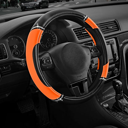 Road Comforts Leather Steering Wheel Cover - Made with PVC Leather - Anti-Slip, Universal Fit 14 1/2 inches to 15 inches - Orange