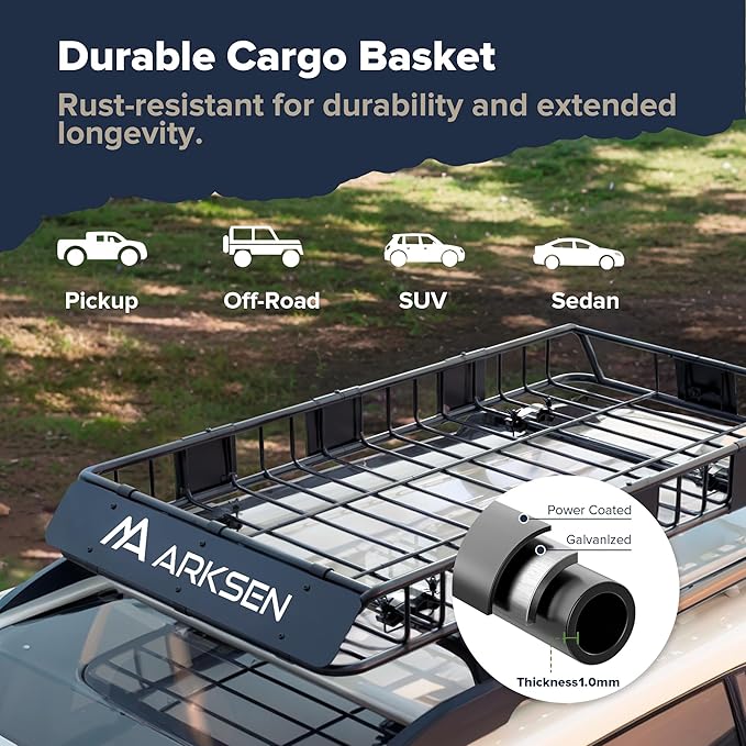 ARKSEN 64" x 34" x 6" Roof Rack Cargo Basket with Extension, 150 LBS Universal Heavy Duty Steel Rooftop Carrier with Waterproof Bag, Cargo Net & Tie Down Straps for SUV, Truck, RV, Pickup