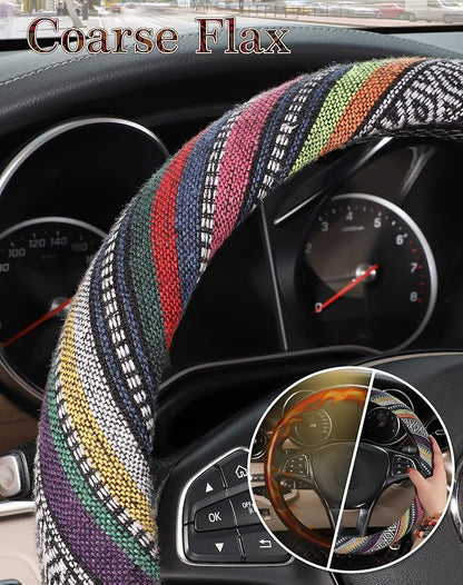 SEG Direct Boho Steering Wheel Cover with Baja Blanket Cloth, Ethnic Style Auto Wheel Cover Made of Coarse Flax, Fits 14 1/2-15 1/4 inches Car Wheel