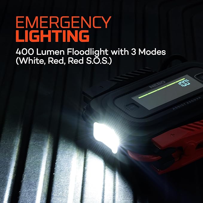 NEBO Assist 2500A Jump Starter | 2500 Peak Amps, Portable Battery Booster Pack for 12V Vehicles, Spark-Proof, USB-C Rechargeable Power Bank, LED Emergency Light, Compact 3-in-1 Roadside Kit