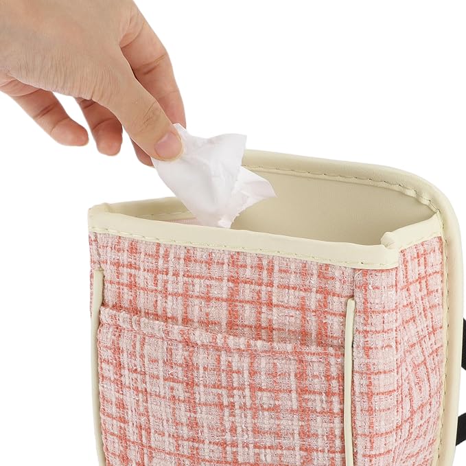 Car Trash Can Portable and Hanging 6.3" Length 3.9" Width 7.1" Height Trash Bin Fabric Pink 1 Pcs