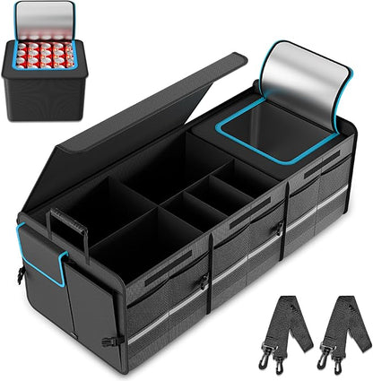 MEI&CO Car Trunk Organizer - 2.5mm PP Board Built, 35L Leakproof Cooler, 105L Capacity, 2 Tie-Down Straps, 4 Adjustable Dividers, Foldable Design for SUVs, Trucks, and Cars